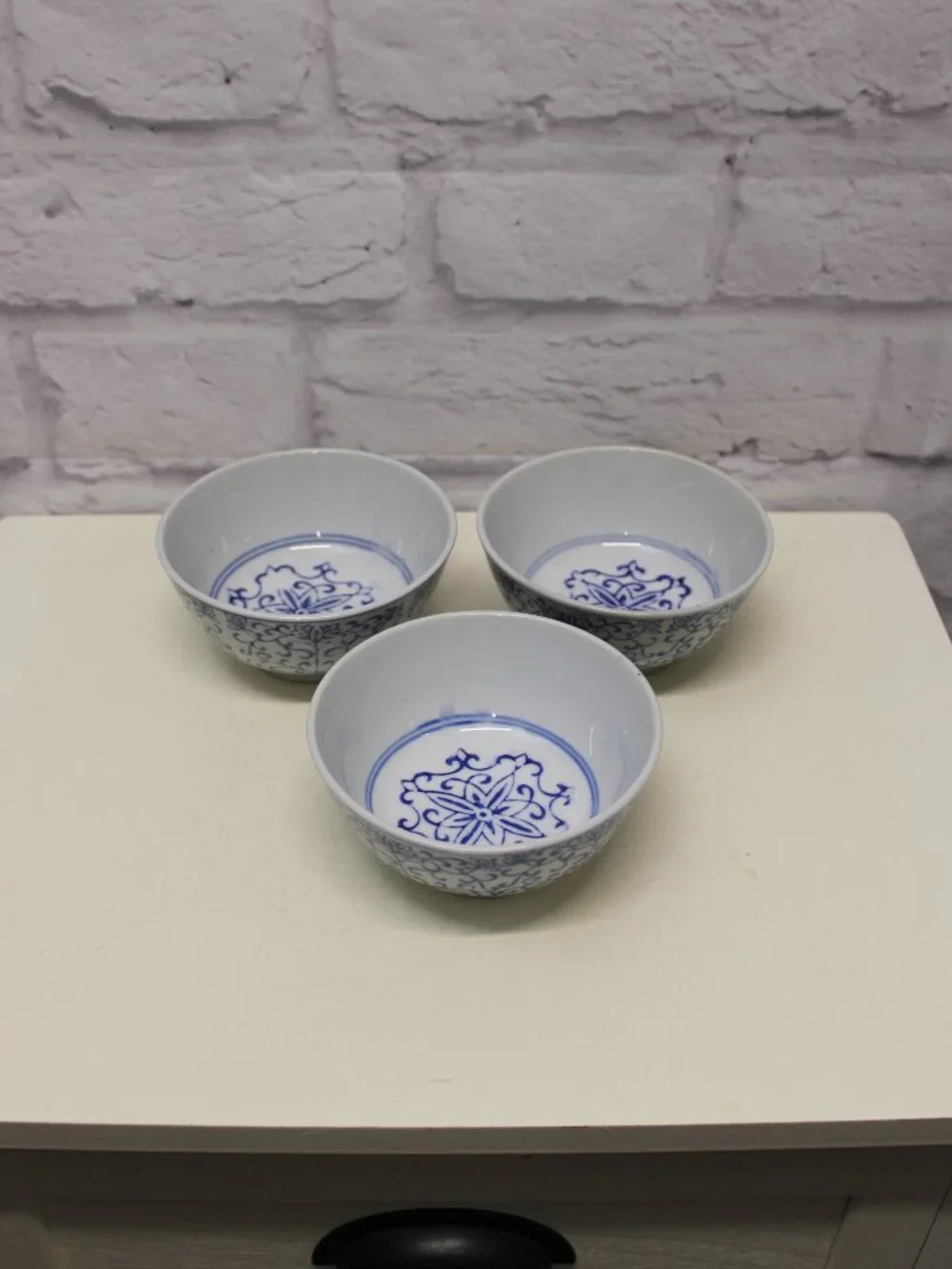 Vintage Blue White Floral Geometric Medallion Porcelain Rice Bowls Set of 3
